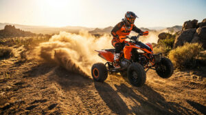 Pilote en KTM 450 orange en pleine action, soulevant de la poussière sur une piste tout-terrain au coucher du soleil.