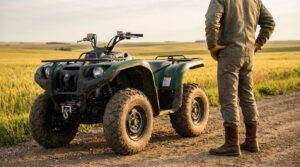 Un homme en bottes et gants de travail est debout à côté d'un quad utilitaire vert sur un chemin de terre, avec un champ de blé doré en arrière-plan.
