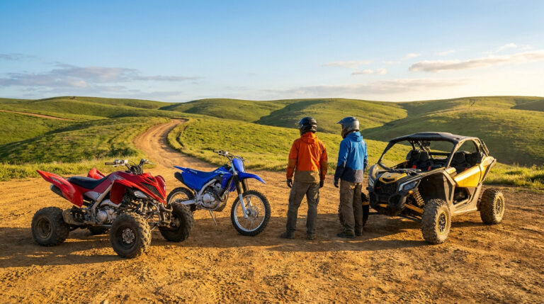 Deux personnes regardent une piste en terre avec un quad rouge, une moto bleue et un SSV jaune devant des collines vertes.