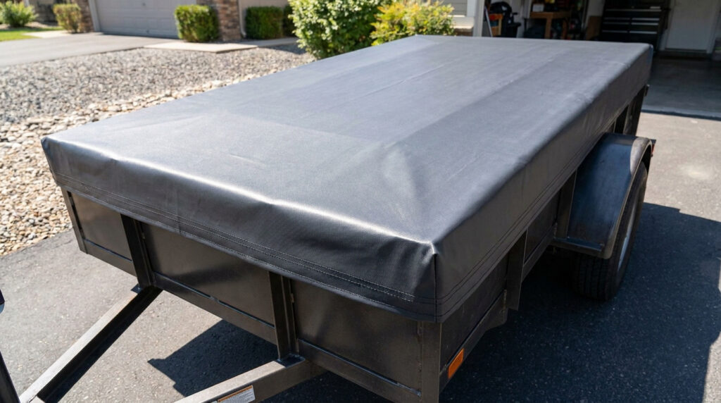 Bâche de remorque en PVC gris foncé recouvrant une remorque utilitaire noire. Garée sur une allée par temps ensoleillé.