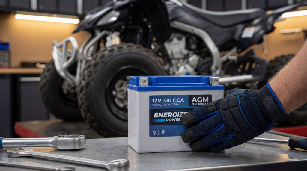 Main gantée tenant une batterie quad Energizer AGM sur un établi métallique avec des outils, et un quad en arrière-plan.