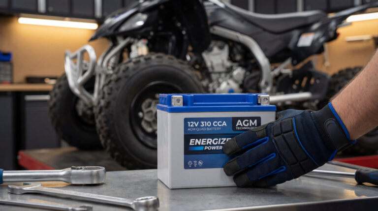 Main gantée tenant une batterie quad Energizer AGM sur un établi métallique avec des outils, et un quad en arrière-plan.