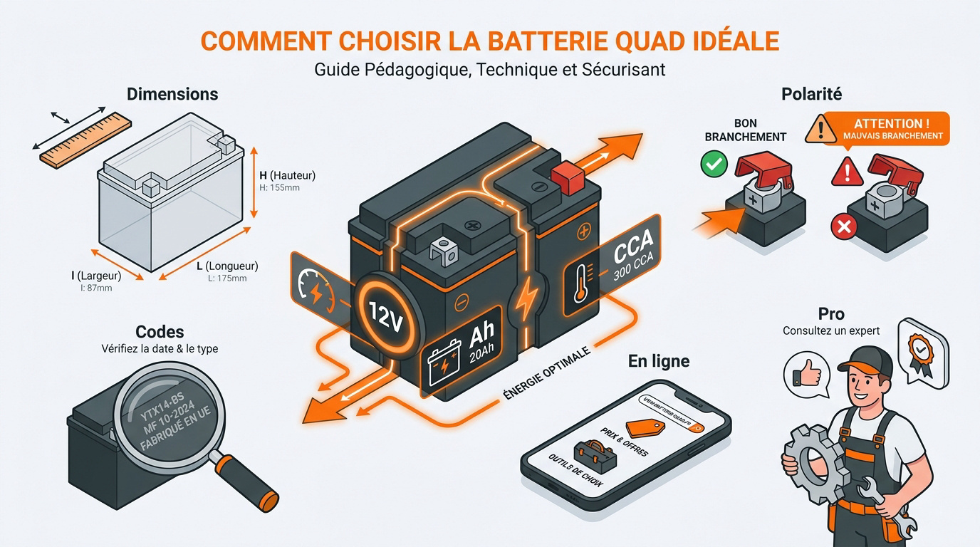 gros plan sur une batterie de quad installée dans son compartiment moteur