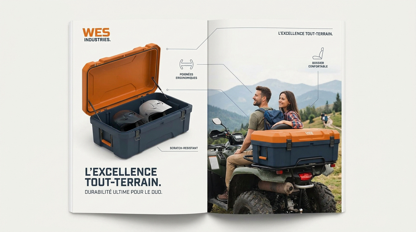 Coffre de rangement Wes Industries installé sur un quad biplace en forêt