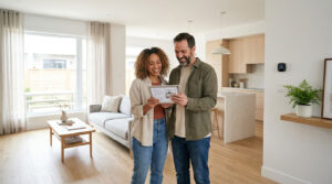 Un couple souriant consulte des plans de maison sur une tablette, dans un salon-cuisine moderne et lumineux avec de grandes fenêtres.
