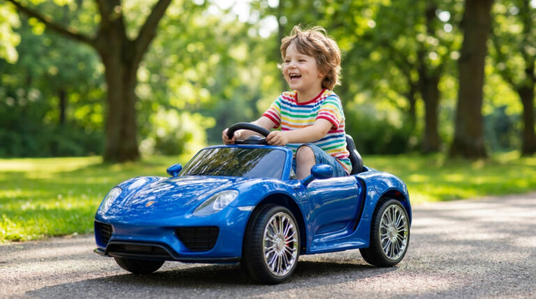 Jeune garçon blond rieur au volant d'une voiture électrique Kiddi Quad bleue, sur un chemin ensoleillé, entouré d'arbres.