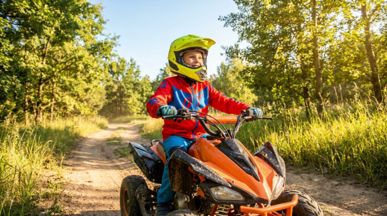 Un jeune garçon portant un casque jaune et une tenue de moto-cross rouge et bleue conduit un quad orange sur un chemin de terre en forêt, souriant.