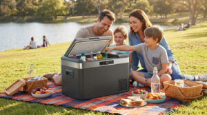 Famille heureuse en pique-nique au bord d'un lac, utilisant une glacière électrique pour garder boissons et nourriture fraîches.
