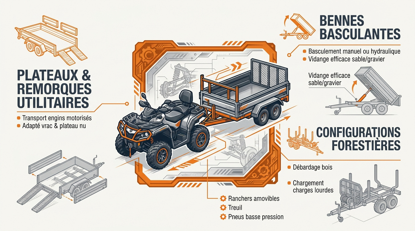Infographie présentant les différents types de remorques utilitaires pour quad et SSV