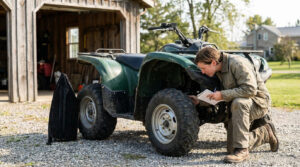 Une personne en tenue de travail inspecte la roue avant d'un quad vert d'occasion, prenant des notes. Grange en bois et maison en arrière-plan.