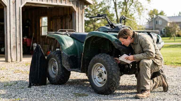 Une personne en tenue de travail inspecte la roue avant d'un quad vert d'occasion, prenant des notes. Grange en bois et maison en arrière-plan.