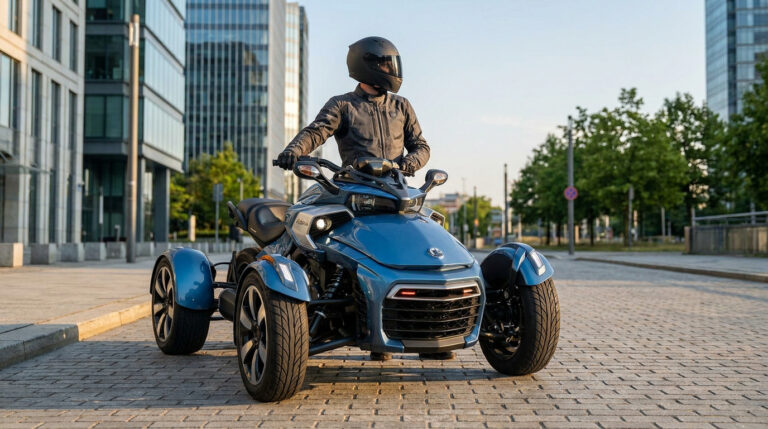 Un conducteur casqué en veste grise sur un tricycle à moteur bleu de type Can-Am, stationné sur une route pavée en ville.