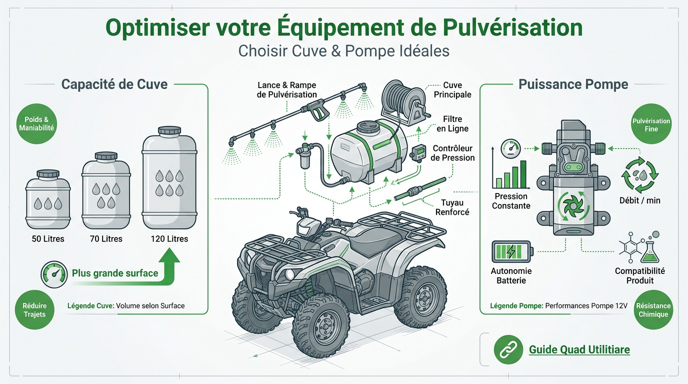Optimisation d'un <strong>pulvérisateur quad</strong> pour le traitement agricole »></p>
<h3>Vérifier le débit et la pression de la pompe 12V</h3>
<p>Identifiez les performances en bars de votre matériel. Une pression constante garantit une pulvérisation fine. C&rsquo;est le cœur de votre système de pulverisateur quad.</p>
<p>Le débit par minute est un critère majeur. Une rampe large exige une <strong>pompe puissante</strong> pour fonctionner correctement.</p>
<p><strong>Vérifiez la compatibilité avec les produits phytosanitaires</strong>. La pompe doit résister aux agents corrosifs. Contrôlez systématiquement les joints avant chaque achat.</p>
<p>Surveillez l&rsquo;autonomie sur batterie lors de l&rsquo;usage. La <strong>consommation électrique ne doit pas vider votre batterie moteur</strong> trop rapidement.</p>
<h2 id=