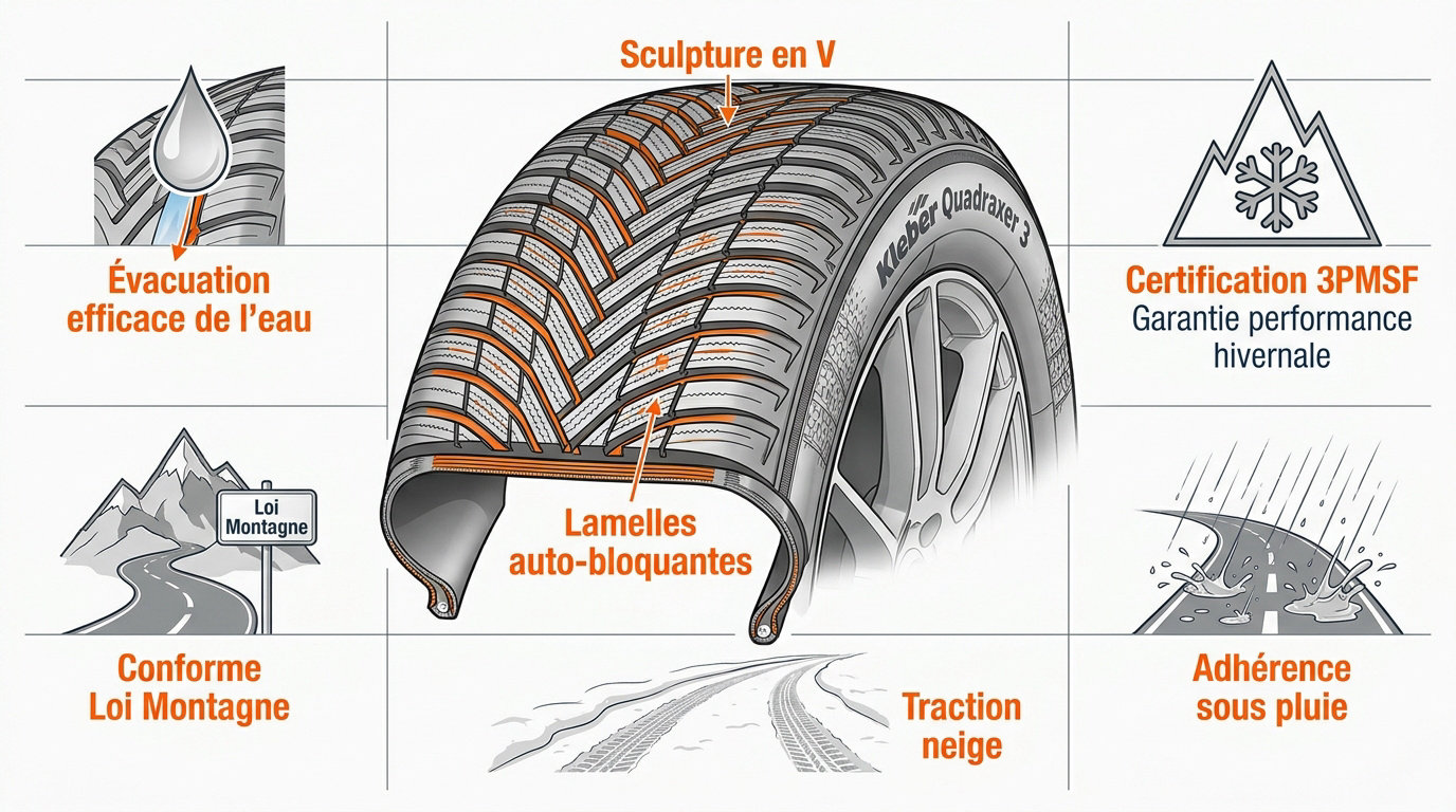 Pneu Kleber Quadraxer 3 montrant sa sculpture en V pour l'évacuation de l'eau