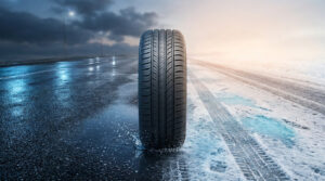 Un pneu toutes saisons Kleber Quadraxer 3 sur une route divisée entre asphalte mouillée et neige.