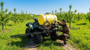 Un homme ajuste un pulvérisateur jaune de 80L monté sur un quad vert dans un verger ensoleillé, ciel bleu clair.