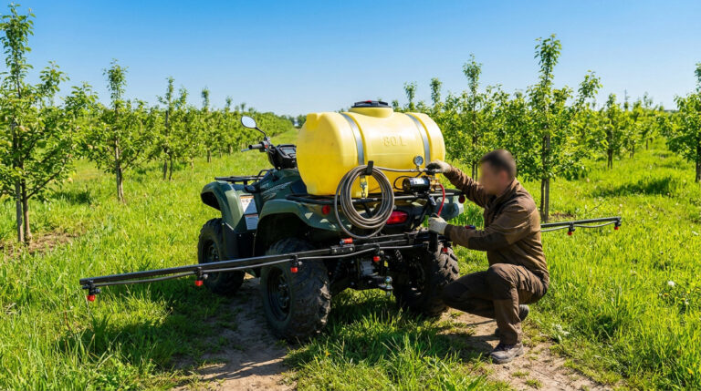 Un homme ajuste un pulvérisateur jaune de 80L monté sur un quad vert dans un verger ensoleillé, ciel bleu clair.