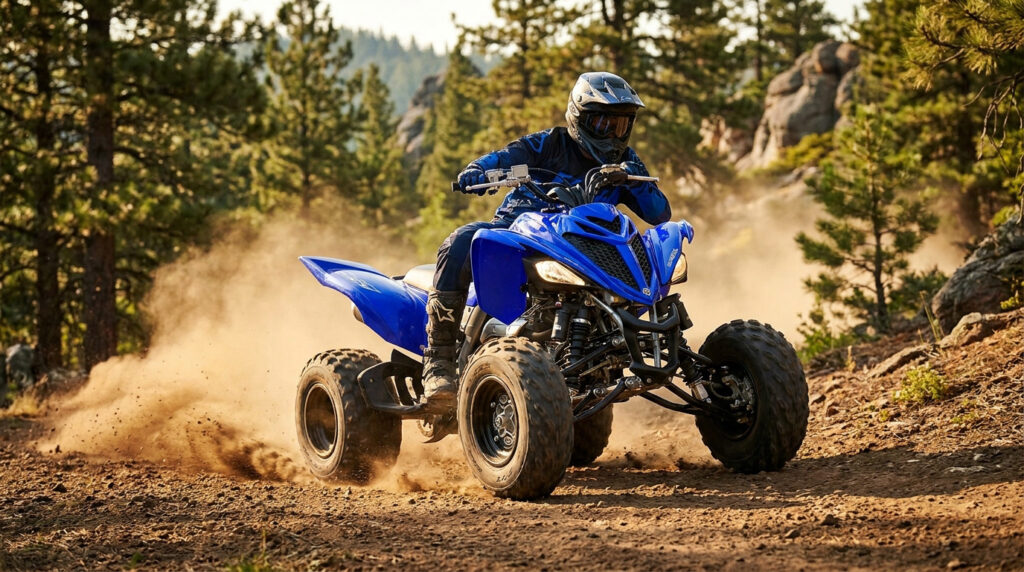 Un pilote en tenue bleue et casque noir conduit un quad Yamaha Raptor bleu sur un chemin de terre poussiéreux dans une forêt verdoyante.
