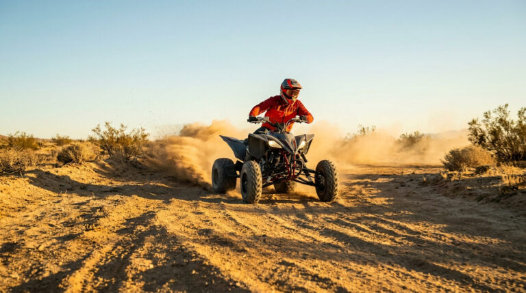 Pilote sur un quad Yamaha Raptor noir, portant un casque et une tenue rouge, traversant un paysage désertique en soulevant de la poussière.