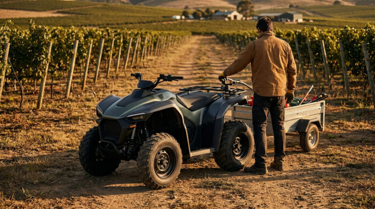 Homme et quad électrique vert foncé tirant une remorque d'outils sur une piste de terre, au milieu d'un vaste vignoble.