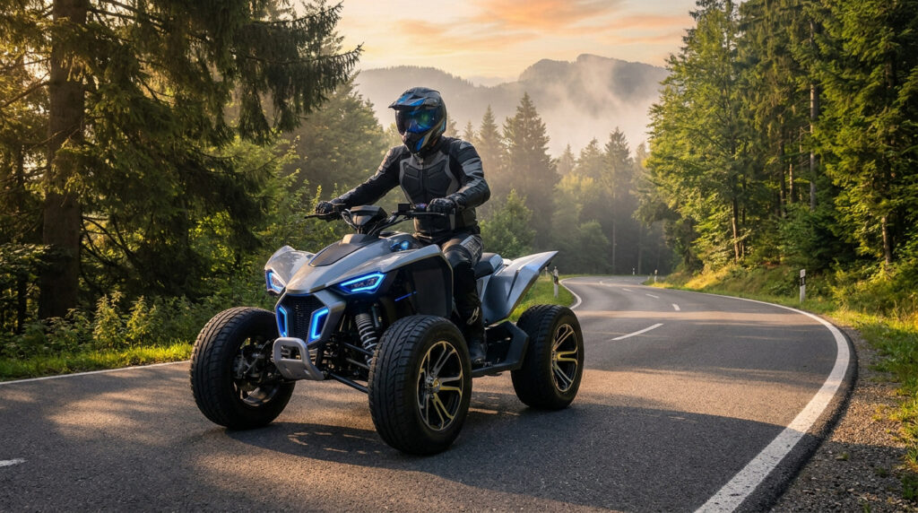 Pilote sur un quad électrique gris avec lumières bleues, roulant sur une route sinueuse bordée d'arbres. Montagnes brumeuses à l'arrière.