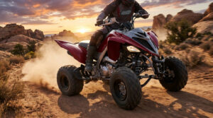 Quad Yamaha Raptor 450 rouge et gris piloté sur un chemin de terre rocailleux. Le véhicule soulève de la poussière au coucher du soleil.