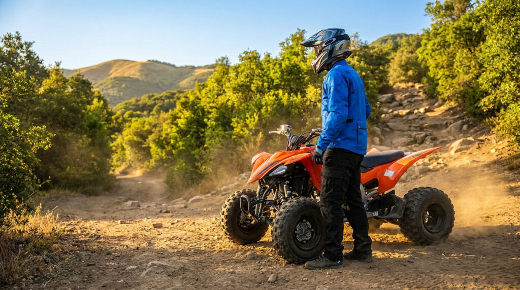Un pilote casqué en veste bleue debout à côté d'un quad orange sur un sentier terreux en pleine nature montagneuse.