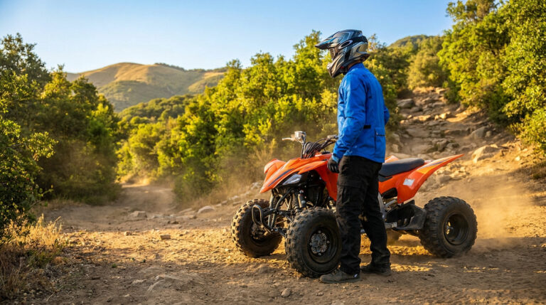 Un pilote casqué en veste bleue debout à côté d'un quad orange sur un sentier terreux en pleine nature montagneuse.