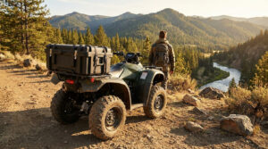 Un homme regarde le paysage montagneux près d'un quad vert équipé d'un coffre de transport noir. Une rivière serpente au loin.