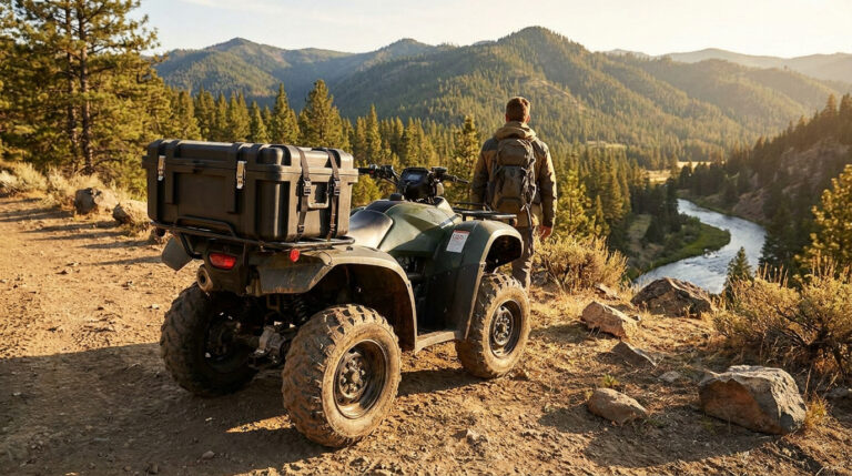 Un homme regarde le paysage montagneux près d'un quad vert équipé d'un coffre de transport noir. Une rivière serpente au loin.