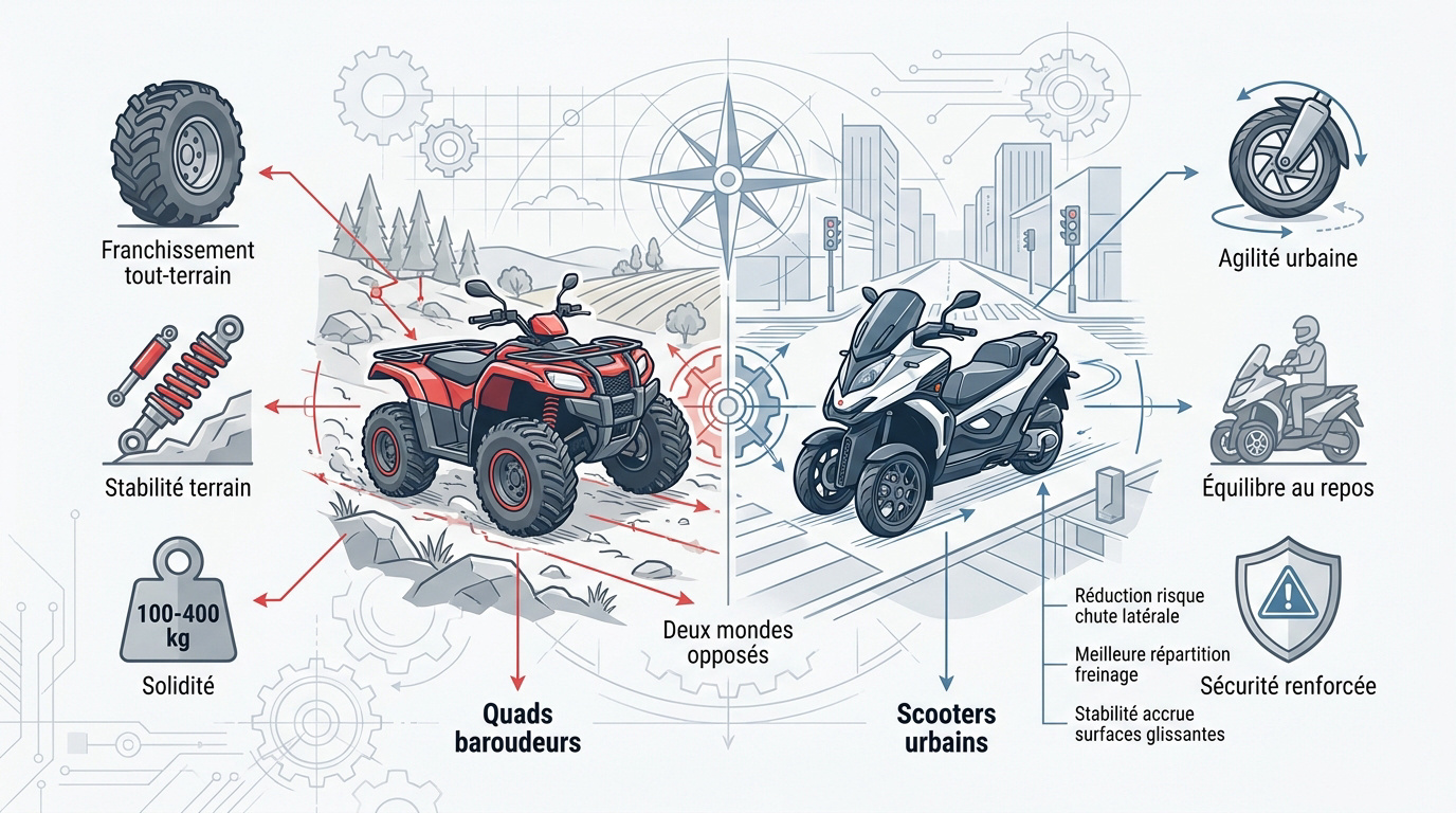 Comparaison technique entre un quad utilitaire et un scooter urbain à quatre roues