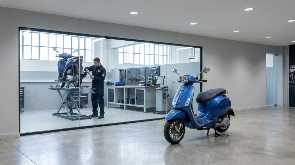 Un mécanicien répare un scooter dans un atelier moderne et propre. Un scooter bleu rutilant est garé devant une vitre.
