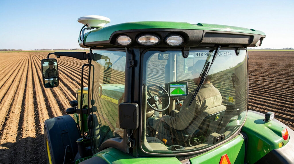 Vue d'un tracteur John Deere vert équipé RTK, conduit par un agriculteur dans un champ avec des rangs parallèles. Un écran affiche la navigation de précision.