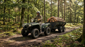 Homme en quad vert tirant une remorque remplie de rondins sur un sentier forestier boueux. Le quad est parfaitement adapté aux travaux lourds.