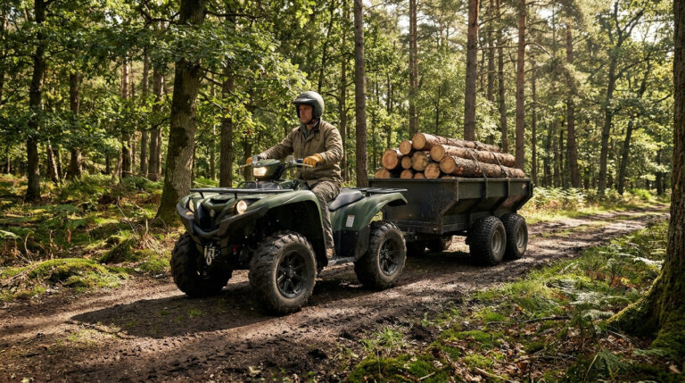 Homme en quad vert tirant une remorque remplie de rondins sur un sentier forestier boueux. Le quad est parfaitement adapté aux travaux lourds.