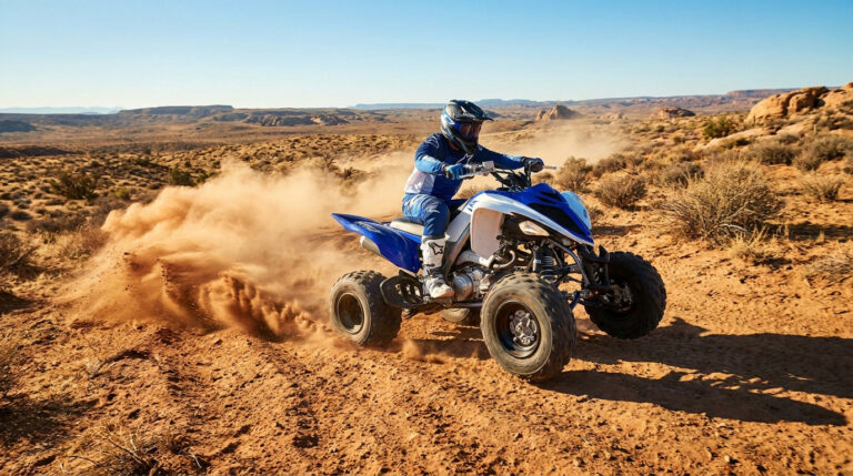 Quad Yamaha Raptor 750 bleu et blanc avec pilote masqué, soulevant un nuage de poussière sur un sentier désertique en plein soleil.
